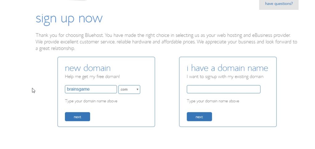 Bluehost New Domain Registration
